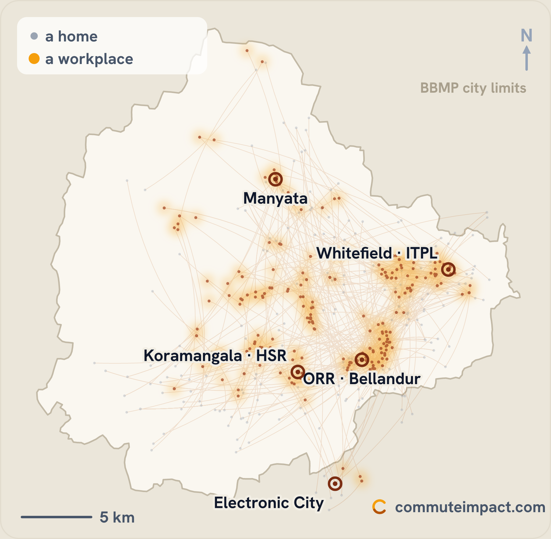 A map of Bengaluru showing hundreds of real commutes as faint home-to-workplace lines converging on the city's job corridors.